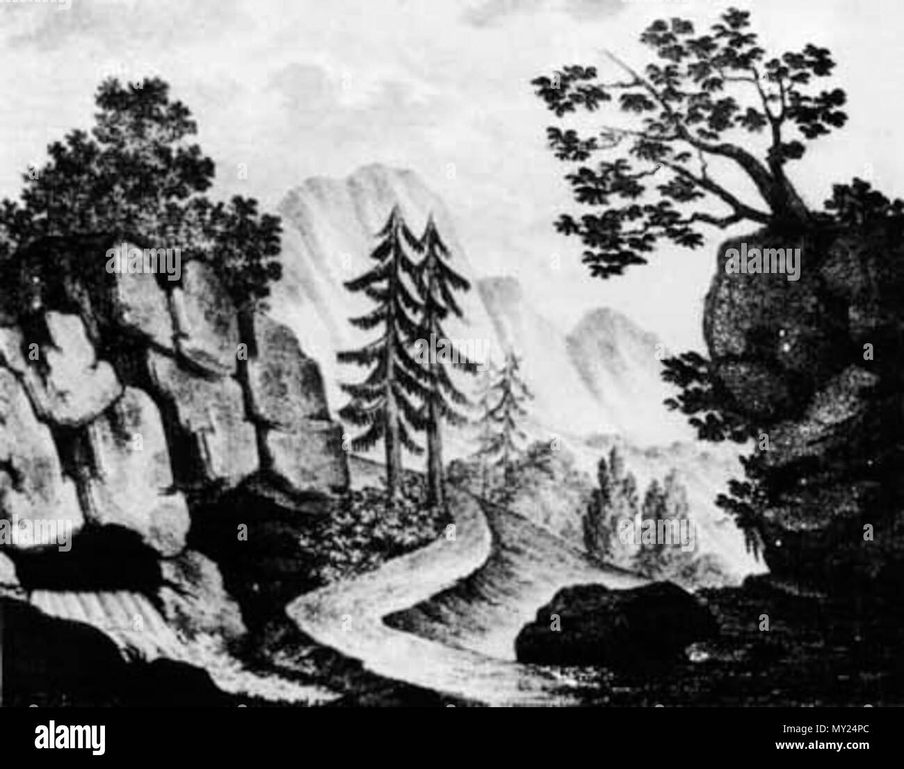 . Inglese: Sanquirico (il design per La sonnambula, atto 2, sc 1 . 15 Settembre 2014 17:39:22 molto probabilmente Alessandro Sanquirico (poiché egli fece set design per l'opera. Vedere act 3 pic 495 Sonnambula-act 2-valle vicino a villaggio Foto Stock