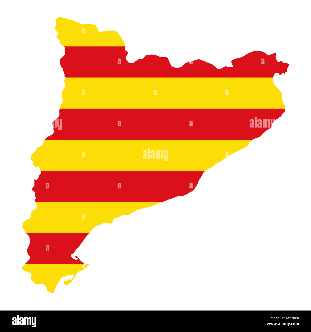 Bandiera della Catalogna in silhouette di paese. Senyera, il giallo e il rosso delle bande orizzontali, nel contorno della comunità autonoma in Spagna. Foto Stock