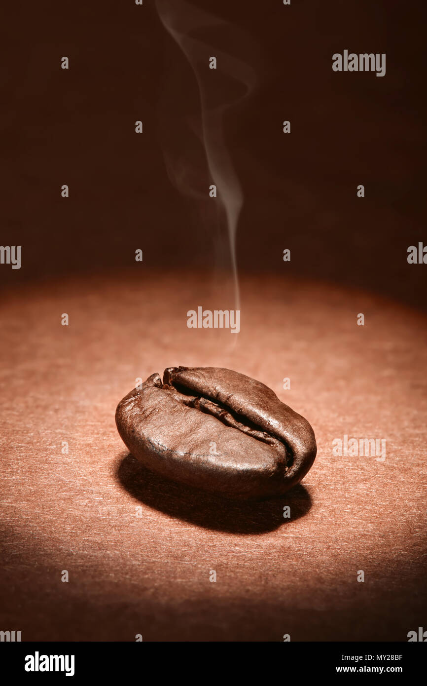 Torrefatto caffè turco bean con vapore su sfondo marrone. Macro close up shoot. Foto Stock