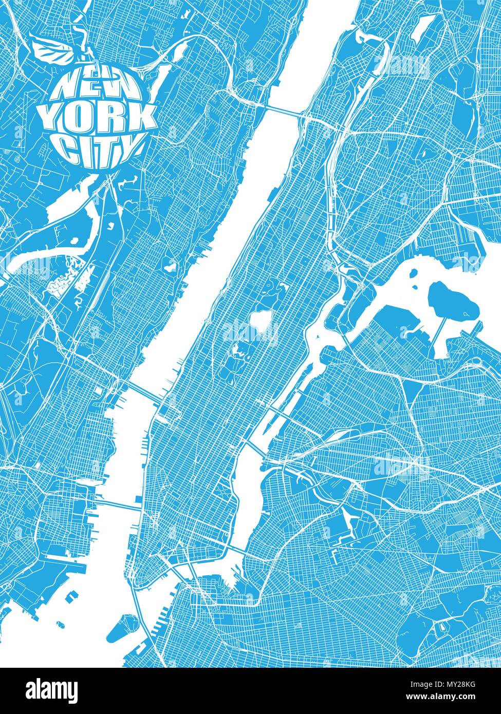 Mappa blu della città di New York con il logo Apple. Molto scrupoloso versione con ponti e senza nome. NYC-logo Apple raggruppate seperatly. Illustrazione Vettoriale