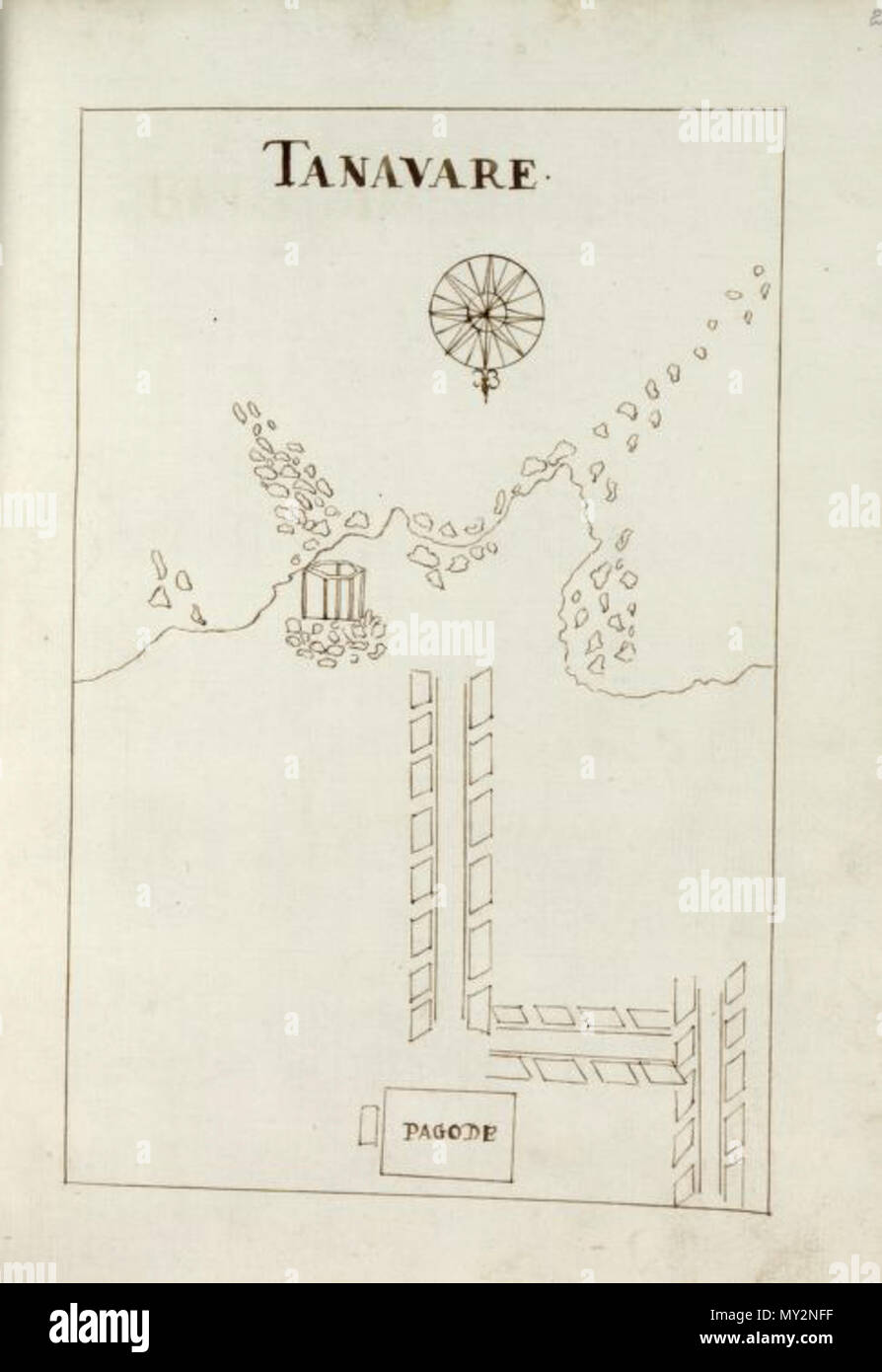 . Inglese: Posizione di uno del tempio di Kovils Tenavarai Kovil, Tevanthurai prima della sua distruzione. Disegno originale nome: 'Tanavare' dalla das Plantas fortalezas, pagodes & ca. da Ilha de Ceilão . 2011-10-24. Creazione originale/pubblicato 1580-1650. Per essere confermato 516 TenavaraiThevanthuraiKovillocation Foto Stock