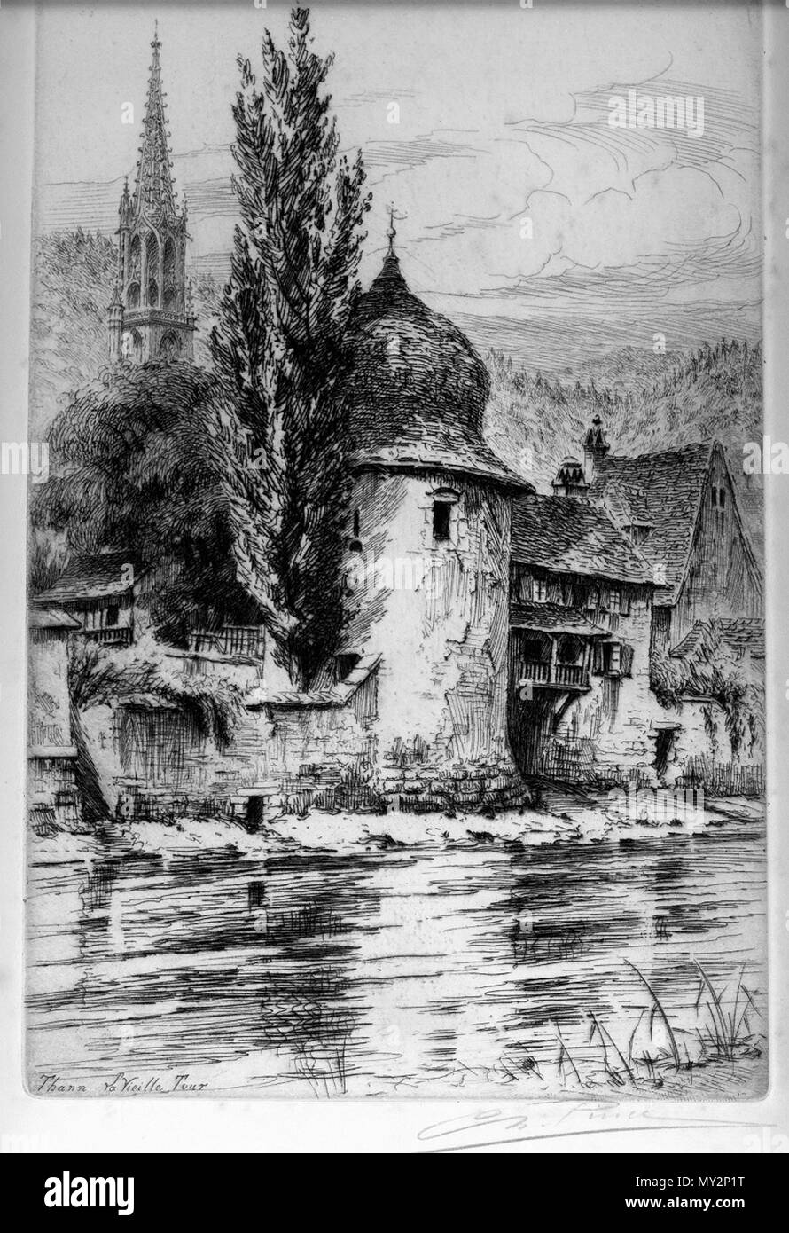 . Français : Thann, la Vieille Tour - gravure de Charles Pinet (19,5 x 28 cm) . 7 dicembre 2013, 18:59:24. Charles Pinet 517 Thann - la Vieille Tour Foto Stock