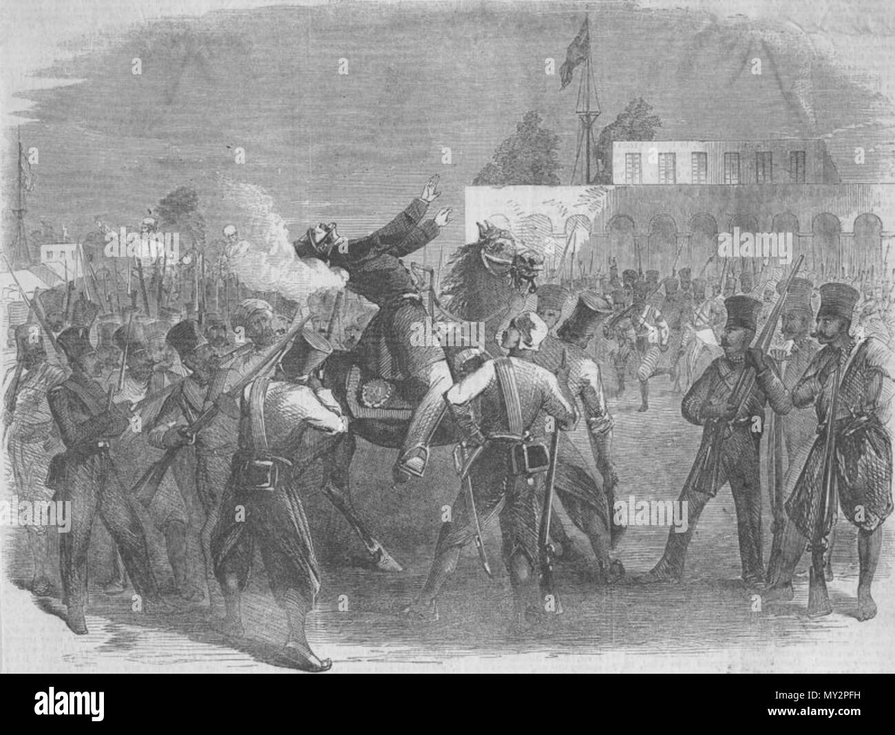. Inglese: "La morte del colonnello Finis sulla parata a terra in corrispondenza di Meerut,' Illustrated London News, 1857 . 1857. Illustrated London News 519 La morte del colonnello Finis sulla parata a terra in corrispondenza di Meerut Foto Stock