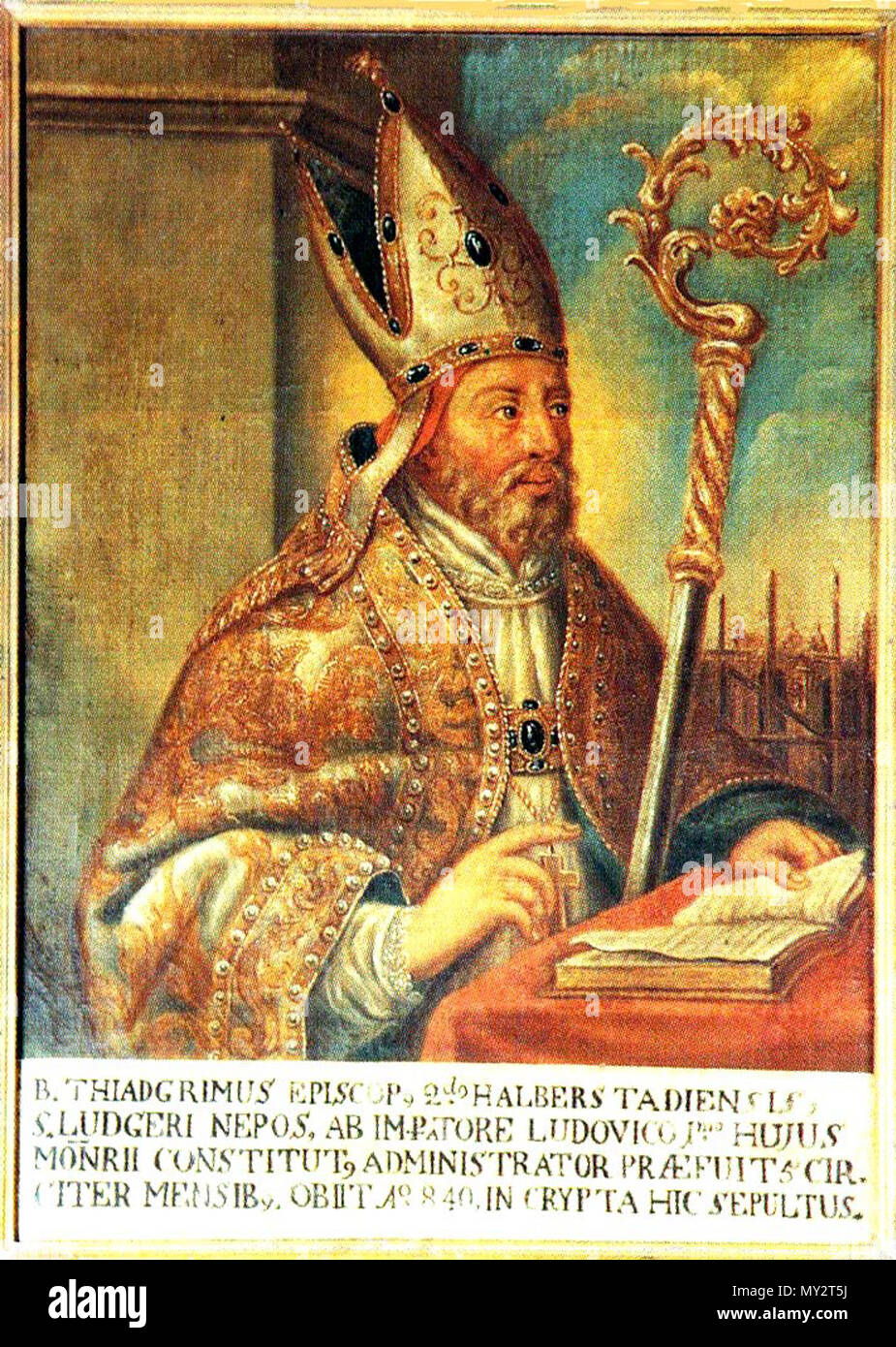. Deutsch: Thiatgrim († 8. Februar 840), Zweiter Bischof von Halberstadt. Vierter Abt von Werden (Essen, Deutschland) Русский: Тиатгрим († 8 февраля 840), Второй епископ Хальберштадта. Четвёртый аббат Верденского монастыря (Эссен, Германия . 17. Jahrhundert (?). Sconosciuto 526 Thiatgrim 5 Foto Stock