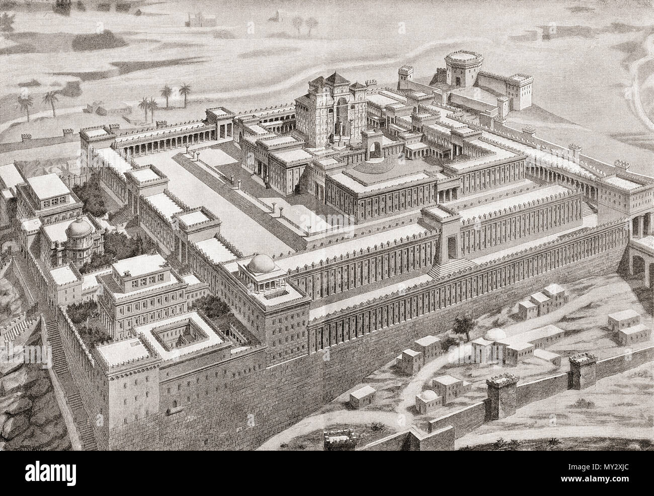 Artista della impressione del Tempio di Salomone in antica Gerusalemme prima che fosse distrutto da Nabucodonosor II dopo l'assedio di Gerusalemme del 587 A.C. Foto Stock