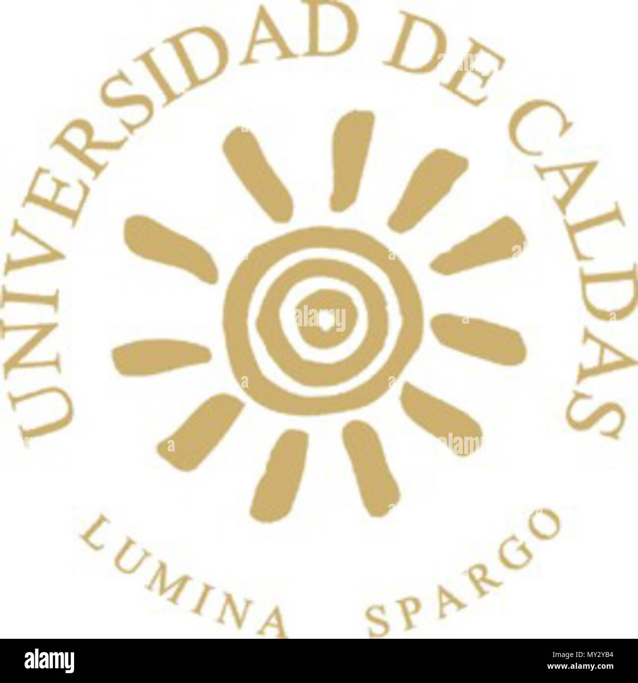 . Español: En 1954 el escudo de la Universidad de Caldas estaba integrado por onu sol de oro y onu sable, con el lema de la Universidad escrito en letras de oro que seguía los conceptos tradicionales de la heráldica. Un finales de los años 70 se empezó a usar logosímbolo onu, que carecía valor de plástico. A mediados de los años 80 se rescató el símbolo del 54 con base en el elemento sol, que representaba todas las variabili de identificación para la Universidad. Se propuso onu lumínico símbolo de la Cultura Quimbaya que tiene alusión histórico-culturale."El sol tiene tres círculos concéntricos que Foto Stock