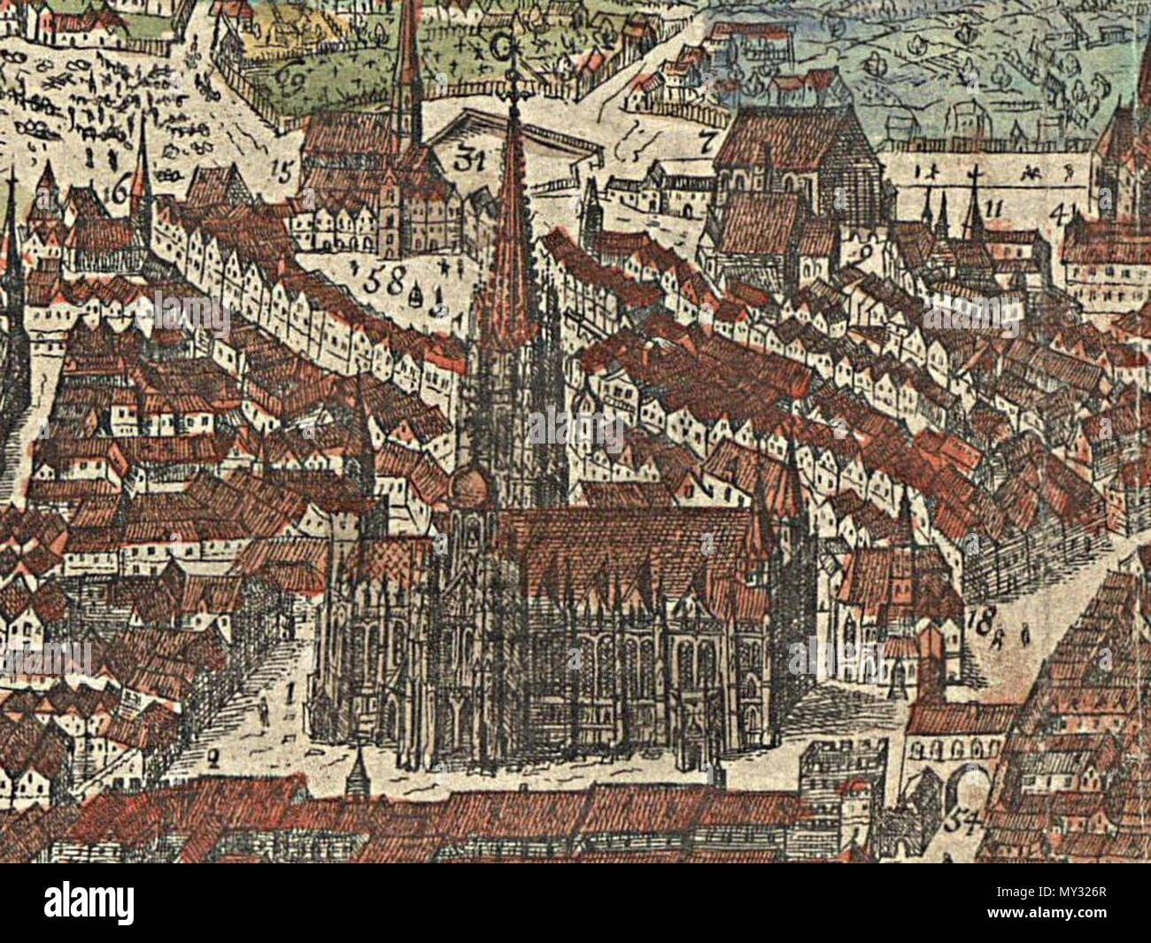 . Deutsch: Vogelschau auf Wien von Norden. Zweite, unveränderte Ausgabe von 1640, basierend auf der Ersten Ausgabe von 1609. Ausschnitt, den Stephansplatz zeigend. 1640, la riproduzione delle opere d'arte originali dal 1609. Jacob Hoefnagel (1609) / Claes Jansz Visscher (1640) 561 Vienna Stephansplatz 1609 Hoefnagel Foto Stock