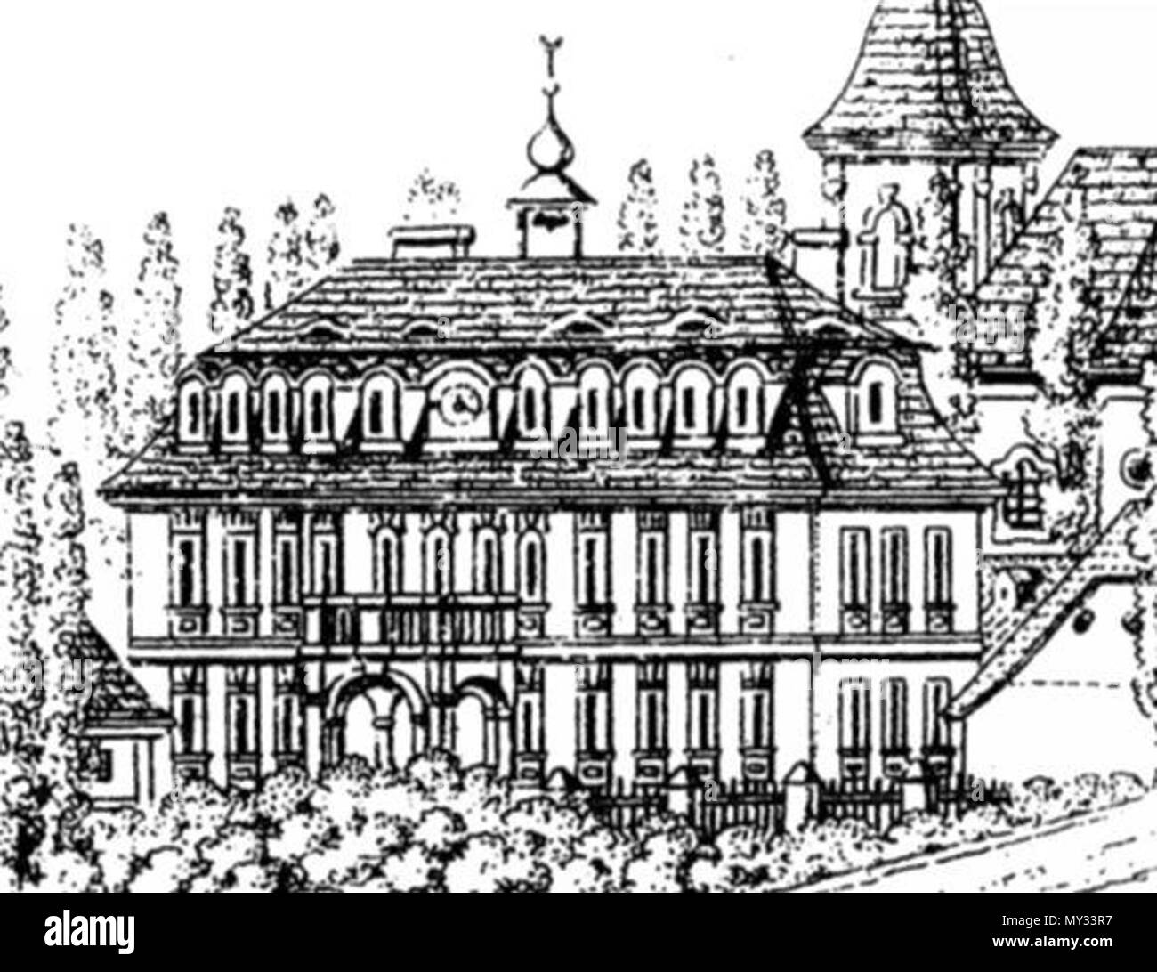 . Čeština: Zámek Zdiby, rytina dle kresby F. K. Wolfa z r. 1815 . 6 dicembre 2013, 11:59:09. F. K. Wolf 567 Wolf, Zdiby-dettaglio, 1815 Foto Stock