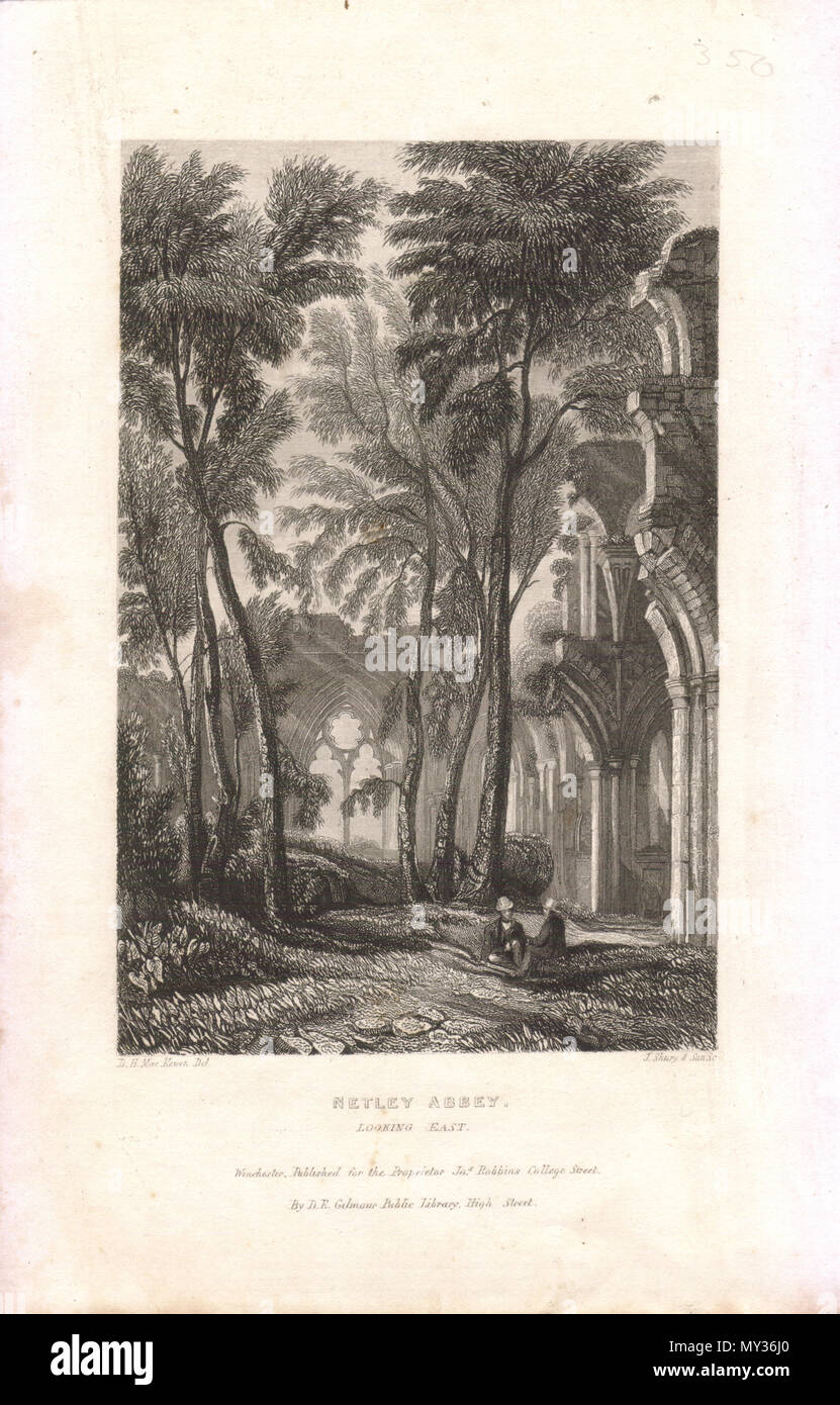 . Inglese: un romantico mid-vittoriana di incisione del coro e del presbiterio della chiesa di Netley Abbey guardando ad est dalla navata. La raffigurazione delle rovine è generalmente accurata e corrisponde a stretto contatto con ciò che si vede oggi. tra circa 1840 e circa 1850. Caricato da en:User:Faeriesoph; disegnato da D. H. MacKewen, inciso da J. Shury e figlio. 385 Net1840 Foto Stock