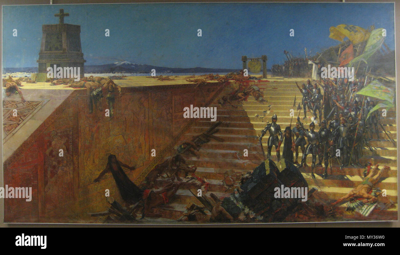 . Gli ultimi giorni di Tenochtitlan-Conquista del Messico . Raffigurante la caduta di Tenochtitlan, battaglia finale della Conquista spagnola dell'impero azteco nel 1521. Fotografia del dipinto sul display. . 1899 314 LastDaysofTenochtitlanB Foto Stock