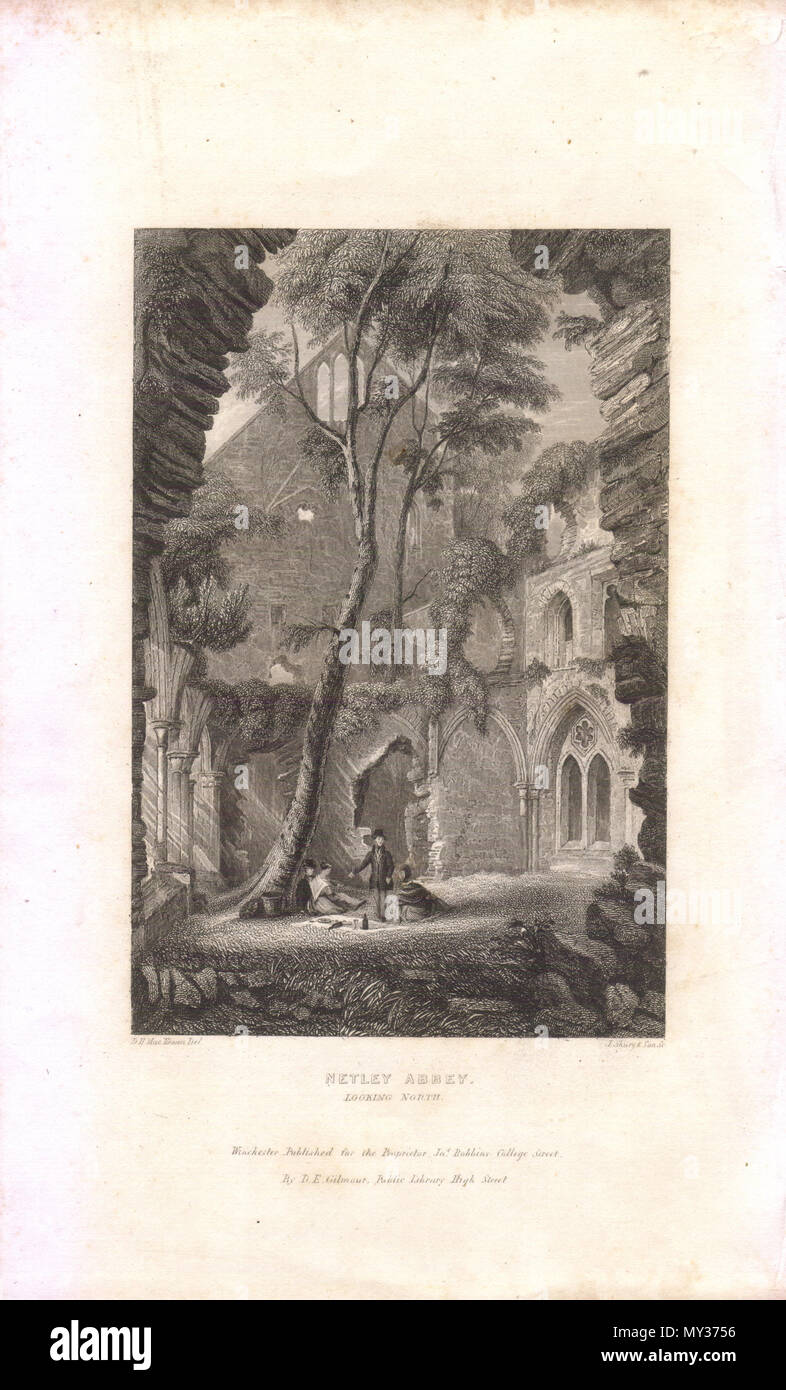 . Inglese: Gli interni della casa del capitolo di Netley Abbey guardando a nord dal salotto verso il transetto sud della chiesa. Un gruppo di signore e signori godono di un picnic tra le rovine. tra circa 1840 e circa 1850. Caricato da en:User:Faeriesoph; disegnato da D. H. MacKewen, inciso da J. Shury e figlio 105 Chapterinterior1840 Foto Stock