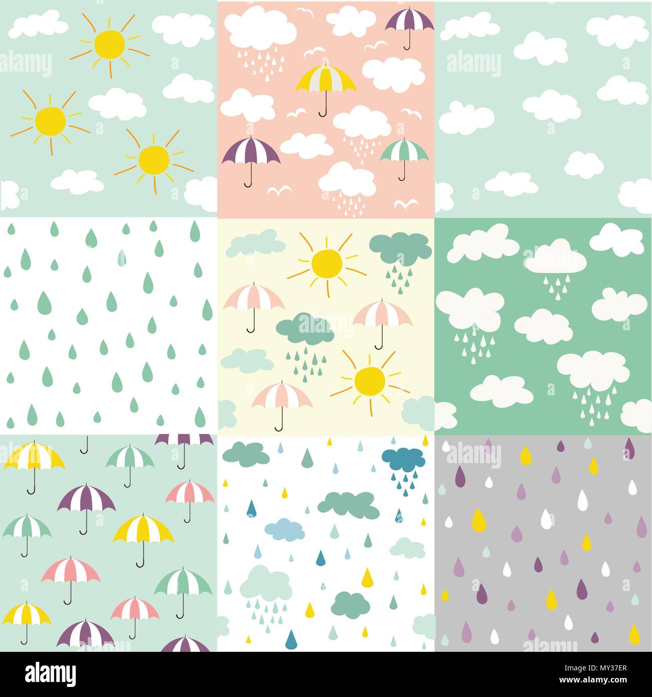 Pioggia e nuvole seamless patterns Illustrazione Vettoriale
