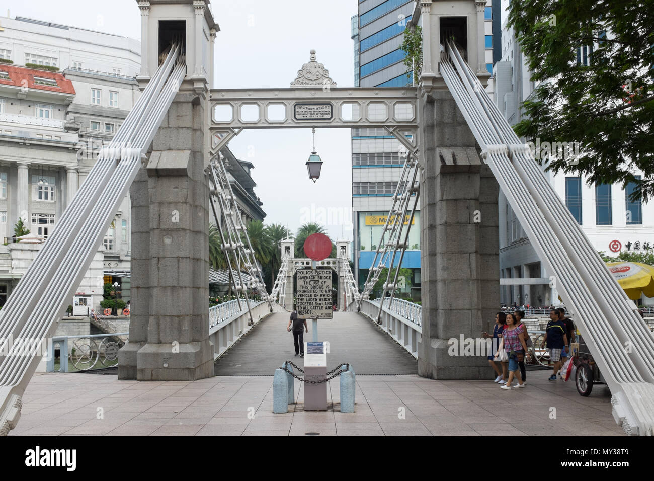 Cavenagh ponte che attraversa il fiume Singapore vicino a Fullerton Quay in Singapore Foto Stock