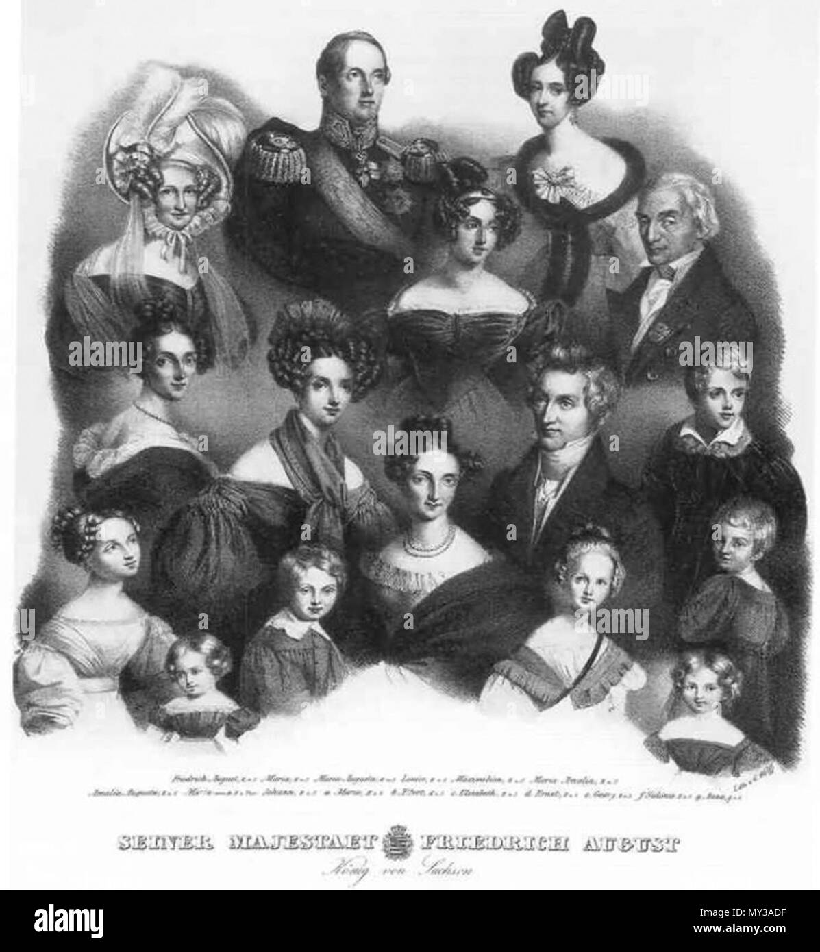 . Deutsch: oben: Friedrich August II. e seine Frau Maria von Bayern 2. Reihe von oben: Prinzessin Maria Augusta, Luise von Etrurien, Prinz Maximilian 3. Reihe: Amalia (Amalie Heiter), Amalia Augusta von Bayern, Prinzessin Maria Ferdinanda, Prinz Johann und Prinz Albert als tipo Im Vordergrund: Prinzesson Maria Anna Maria, Prinz Georg, Prinzessin Elisabeth Prinzessin Sidonie und Prinz Ernst (Kinder von König Johann) . prima di 1840. Sconosciuto 560 Wettiner Familienbaum Foto Stock