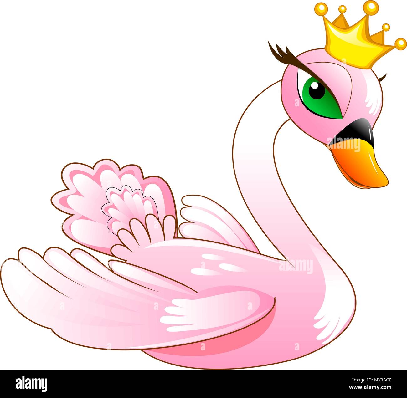 Bird Swan. Cartoon cigno rosa su sfondo bianco. Illustrazione Vettoriale