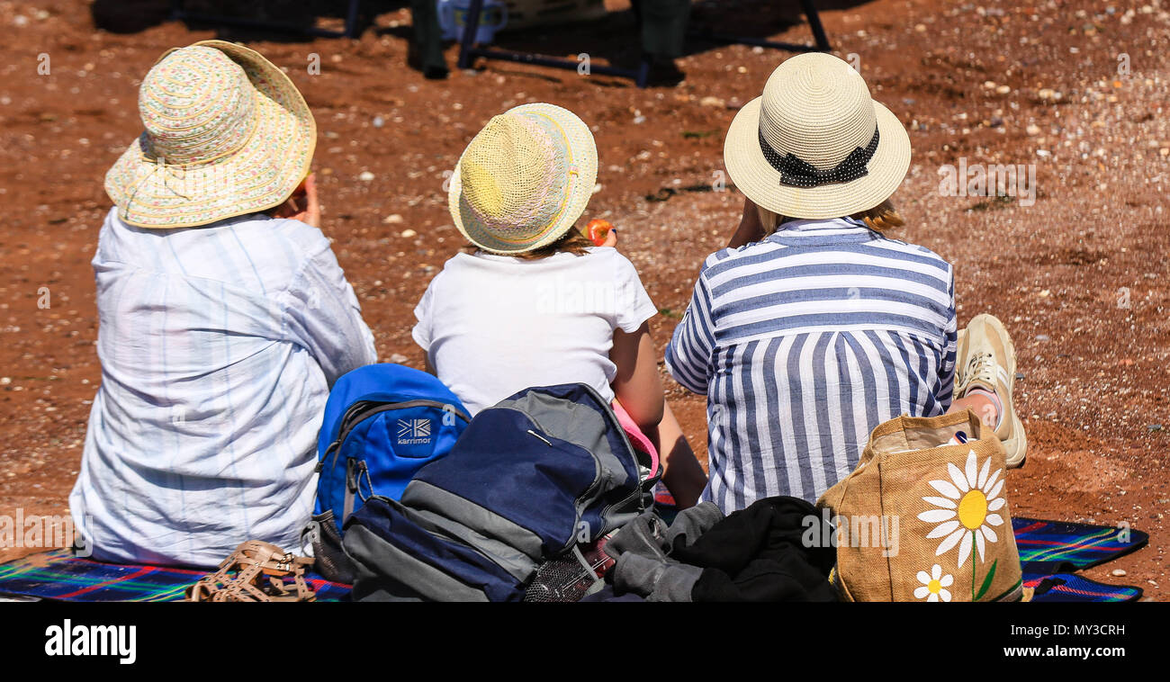 3 persone indossando cappelli di paglia seduti sulla spiaggia Foto Stock