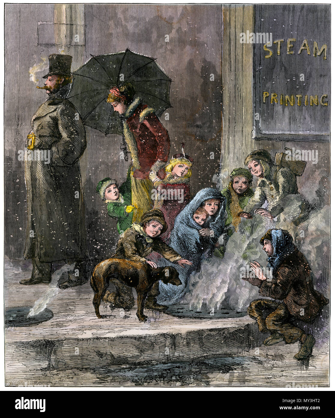 I poveri stessi caldo su un marciapiede valvola di sfiato del vapore in Manhattan, 1870s. Colorate a mano la xilografia Foto Stock