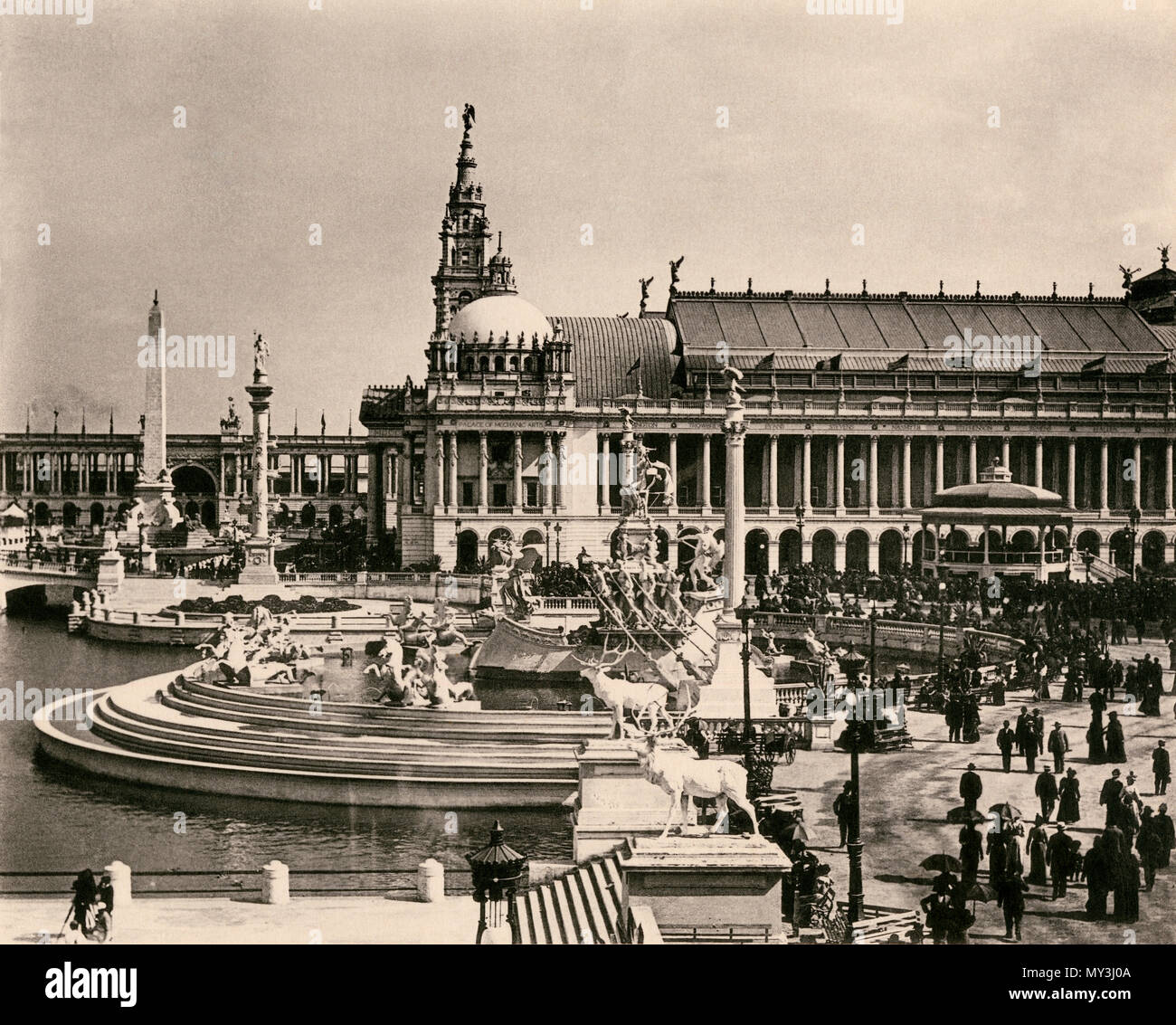 Bacino superiore, Obelisco, sala macchine e fontana MacMonnies, Columbian Exposition, Chicago 1893. Albertype (foto). Foto Stock