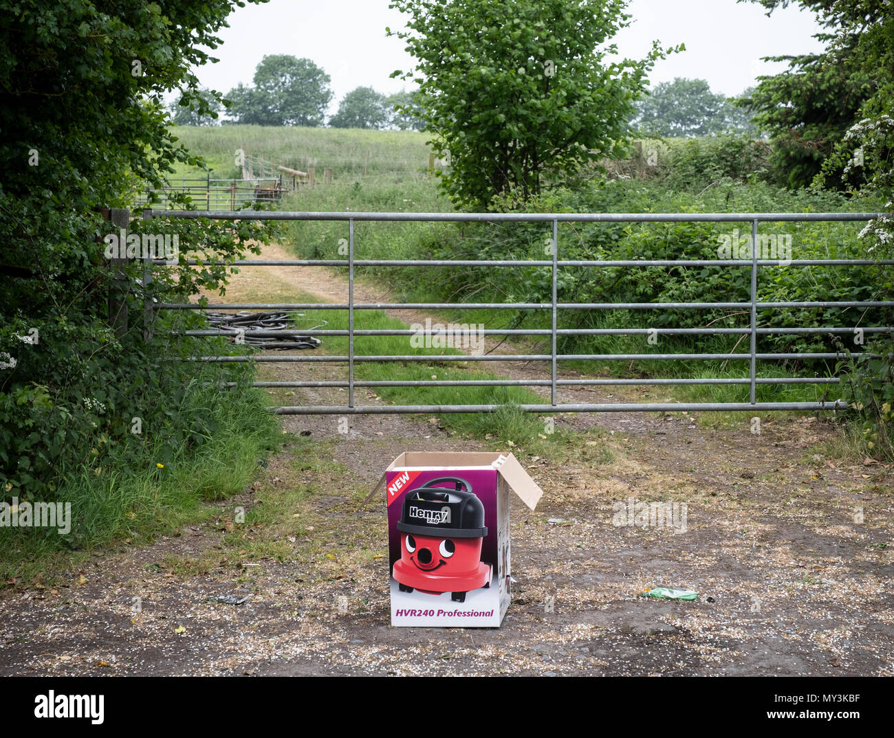 Una scatola di cartone piena di spazzatura è oggetto di dumping in un gateway in Worcestershire campagna, Inghilterra, Regno Unito. Foto Stock