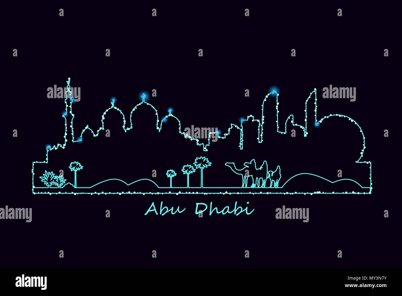 Abu-Dhabi punti di riferimento della città skyline illuminata di notte e i piloti del cammello nel deserto illustrazione vettoriale. Silhouette incandescente. Illustrazione Vettoriale