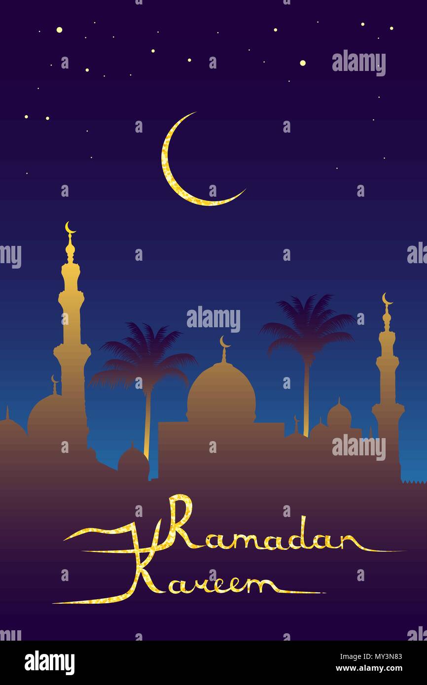 Il Ramadan kareem significato "Il Ramadan è generoso " golden glitter messaggio, Moschea di silhouette, la luna e le stelle del cielo notturno Illustrazione Vettoriale