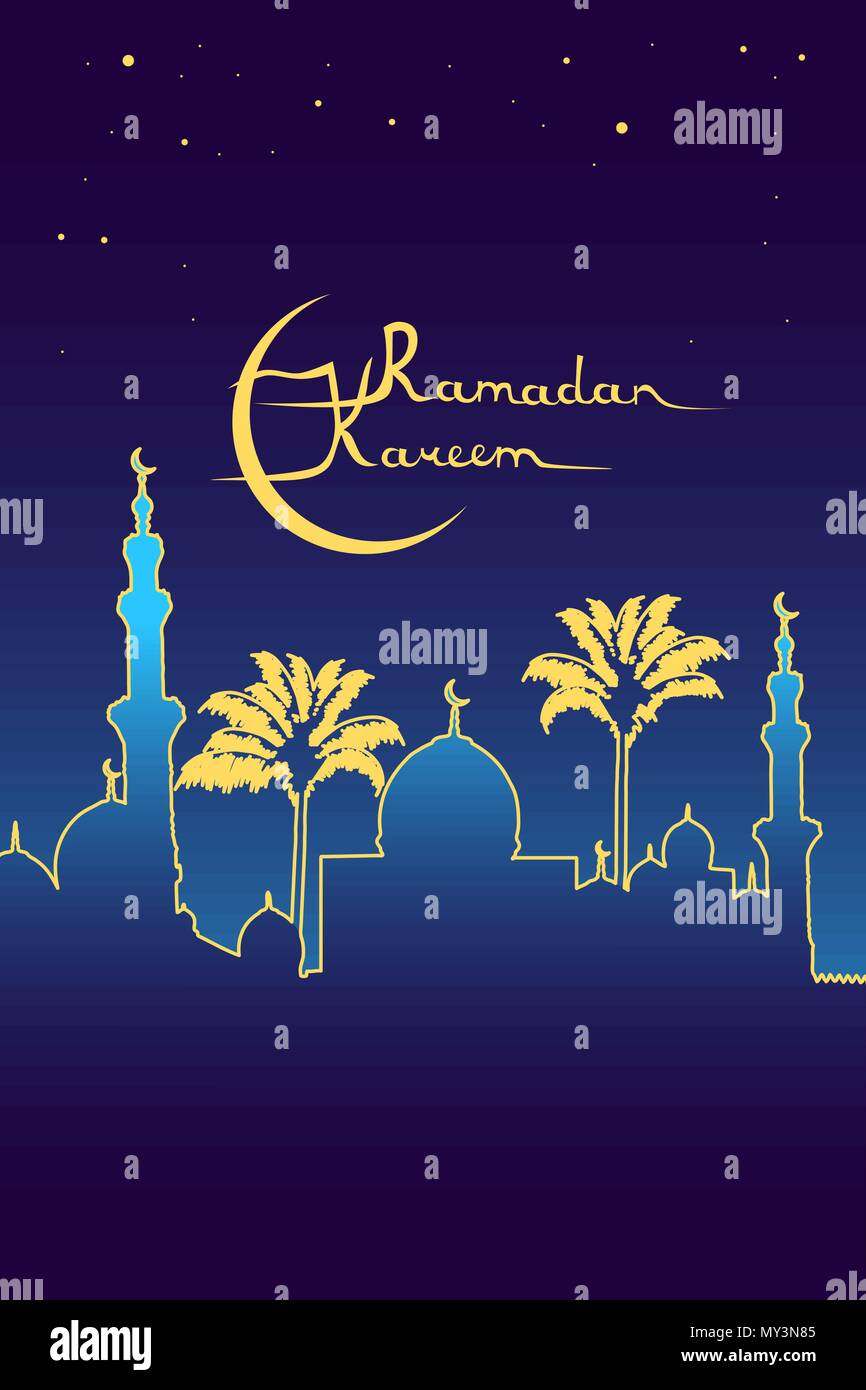 Il Ramadan kareem significato "Il Ramadan è generoso" messaggio, moschea dorata silhouette, la luna e le stelle del cielo notturno Illustrazione Vettoriale