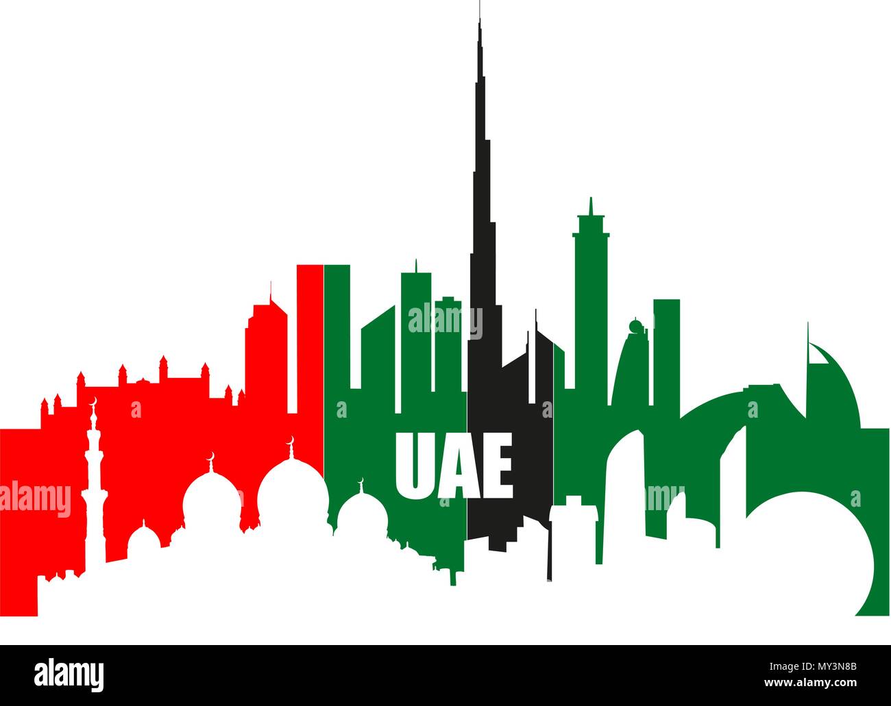 I punti di riferimento DEGLI EMIRATI ARABI UNITI e grattacieli sagome in bandiera nazionale colori illustrazione vettoriale. Dubai e Abu-Dhabi città dall'alto. Illustrazione Vettoriale