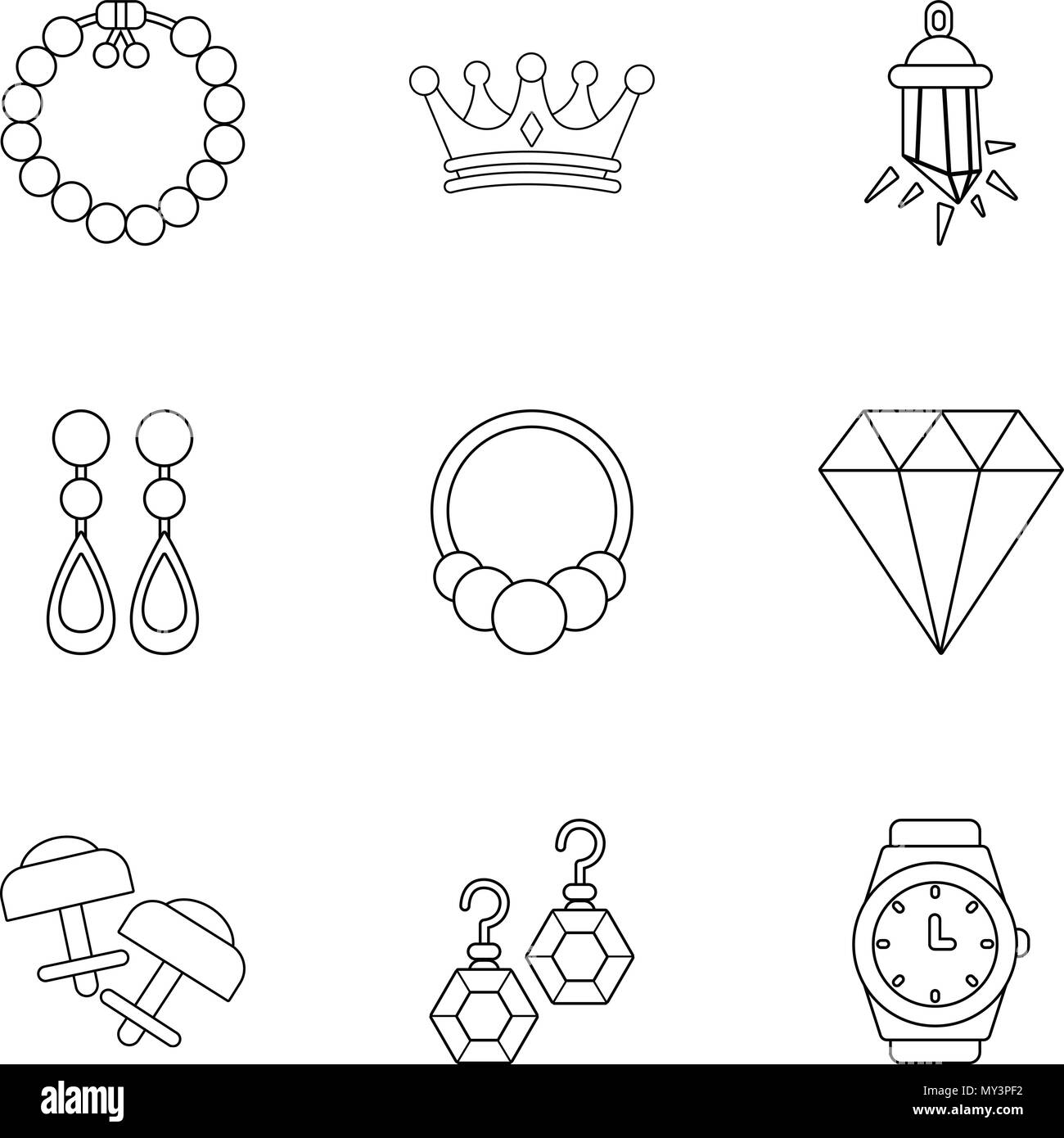 Pezzo di gioielli set di icone di stile di contorno Illustrazione Vettoriale