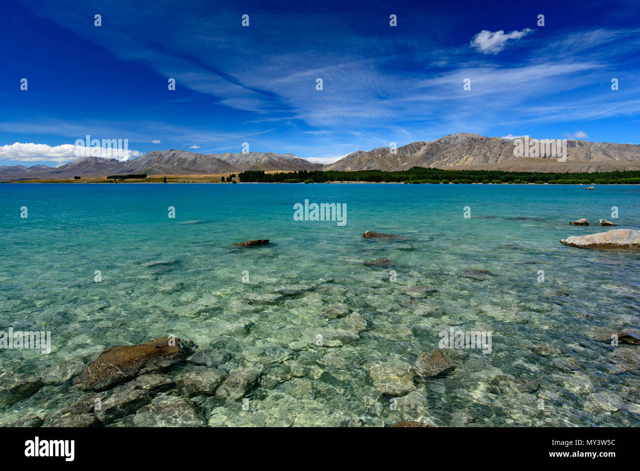 Acque turchesi del Lago Tekapo, Isola del Sud, Nuova Zelanda Foto Stock