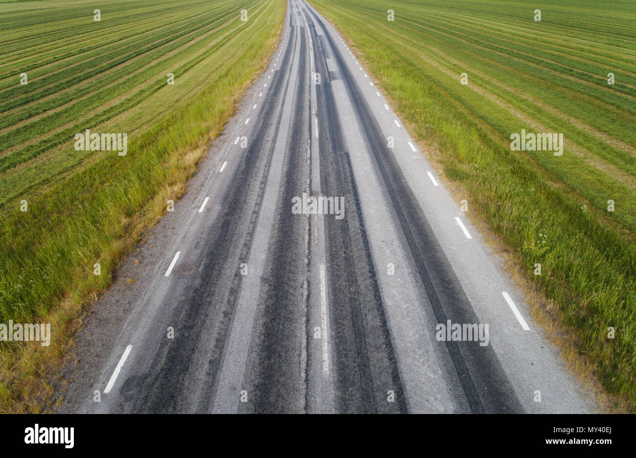 La strada avanti circondato da campi di erba. Foto Stock
