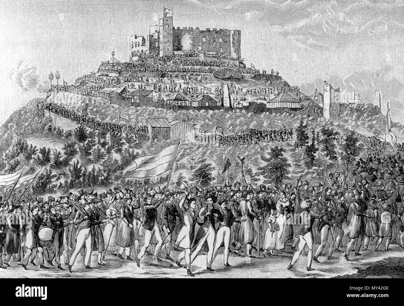 . Deutsch: Hambacher Fest, 27.05.1832, Der Zug zum Hambacher Schloss inglese: Hambacher Fest: Processione di Hambach Castle, con la futura bandiera della Germania upside-down . (Nach einer zeitgenössischen Darstellung). Erhard Giuseppe Brenzinger 576 Zugo-zum-hambacher-schloss 1-1200x825 Foto Stock