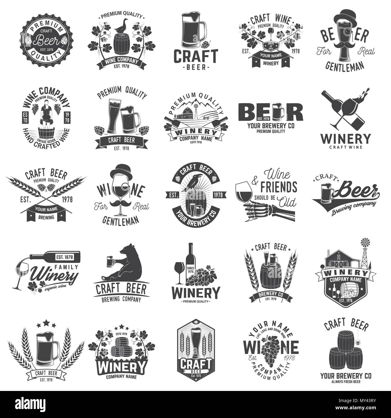 Set di birra artigianale e cantina badge aziendale, segno o etichetta. Illustrazione Vettoriale. Vintage design per società di cantina, bar, pub, negozio, branding e ristorante business. Coaster per la birra, bicchieri da vino Illustrazione Vettoriale