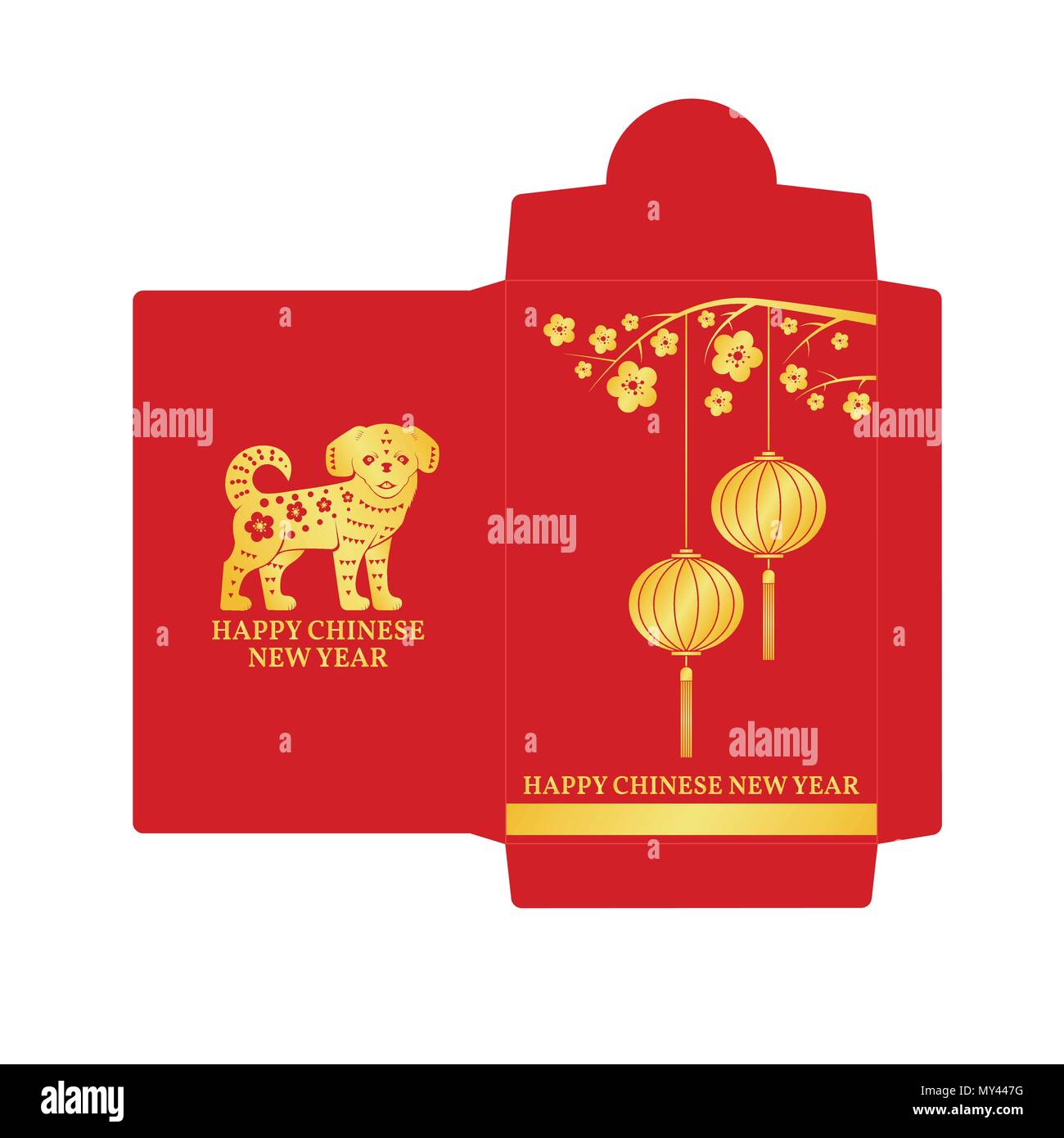 Anno Nuovo Cinese busta rossa icona piatta. Illustrazione Vettoriale. Pacchetto rosso con oro cane e lanterne. Illustrazione Vettoriale