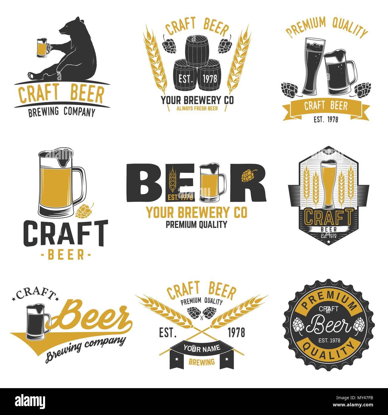 Set di birra artigianale i badge con il luppolo, Raven e orso. Illustrazione Vettoriale. Vintage design per bar, pub e ristorante business. Coaster per la birra. Illustrazione Vettoriale