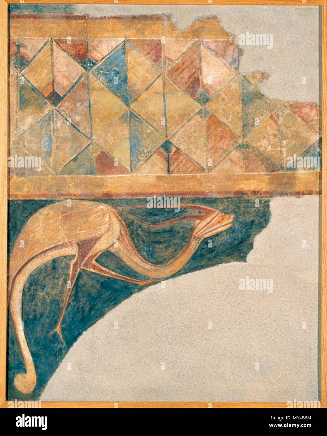 . Español: Conjunto decorativo de pinturas al fresco traspasadas un lienzo procedentes de Arlanza. Hacia 1210 conservadas en el Museo Nacional de Arte de Cataluña. Barcellona. Spagna . circa 1210. Anonimo 367 MNAC.Ave y cenefa Arlanza Foto Stock