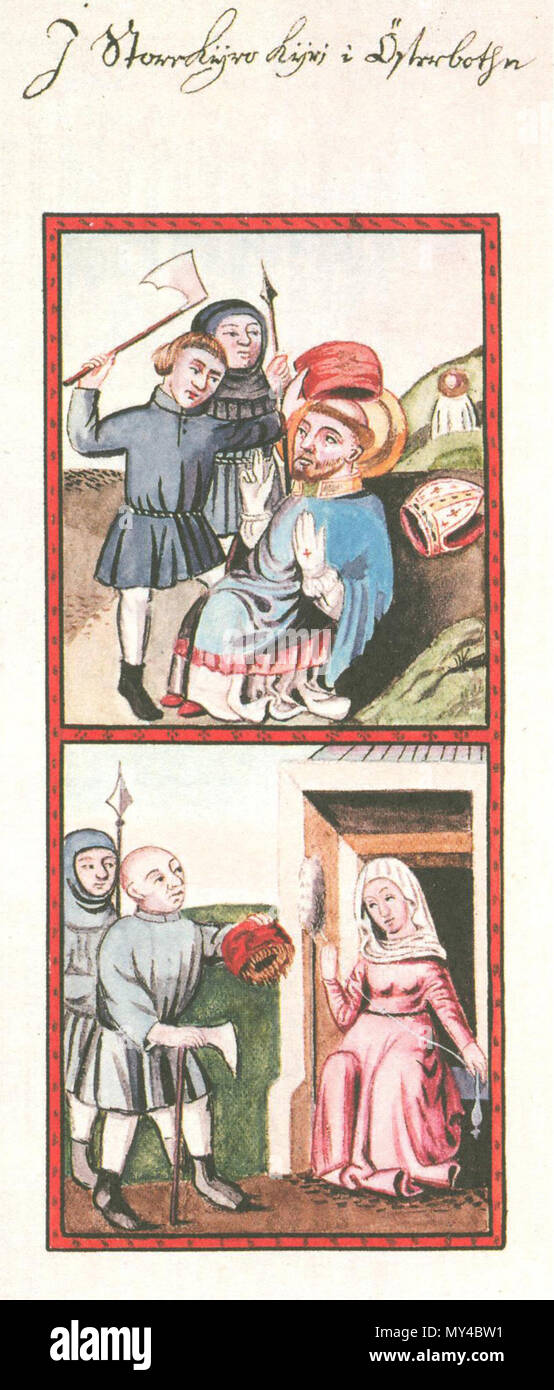 . Inglese: Elias Brennero copiato questi quattrocento immagini nella chiesa di Isokyrö nel 1671. Esse descrivono la storia del vescovo Henrik secondo il popolare lamento, non secondo la legenda. In precedenza, Lalli uccide il vescovo con la sua ascia, qui di seguito viene descritto come i suoi capelli e il cuoio capelluto allentata dopo che egli ha provocatoriamente mettere il vescovo il cappuccio sulla sua testa. Svenska: Elias Brennero avritade 1671 dessa 1400-talsbilder ho Storkyro kyrka. De beskriver biskop Henriks historia enligt det folkliga sorgekvädet, inte enligt legenden. Överst dödar Lalli biskopen med peccato yxa, nederst beskrivs hur hans hår och huvudsvå Foto Stock