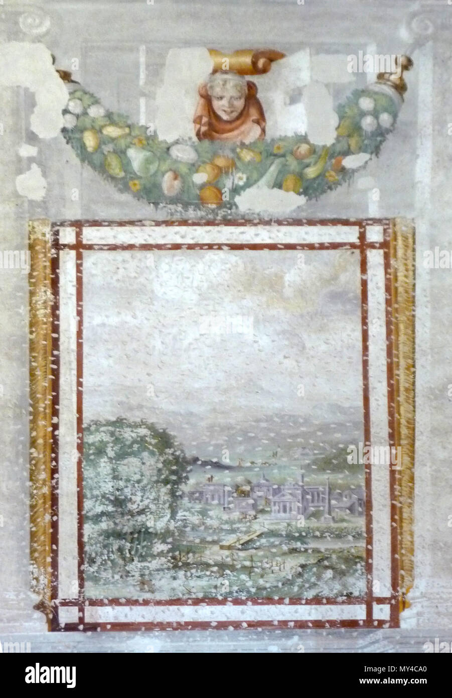 . Inglese: affreschi della Villa Badoer di Fratta Polesine, provincia di Rovigo, dal pittore Giallo Fiorentino, a metà del XVI secolo. Italiano: Affreschi di Villa Badoer a Fratta Polesine - Rovigo), del pittore Giallo Fiorentino, a metà del XVI secolo. circa 1560 (foto 2009-08-16 ). Giallo Fiorentino (elab. Da Marcok / it.wikipedia) 551 Villa Badoer Fratta Polesine affreschi Giallo Fiorentino paesaggio e festone n03 Foto Stock