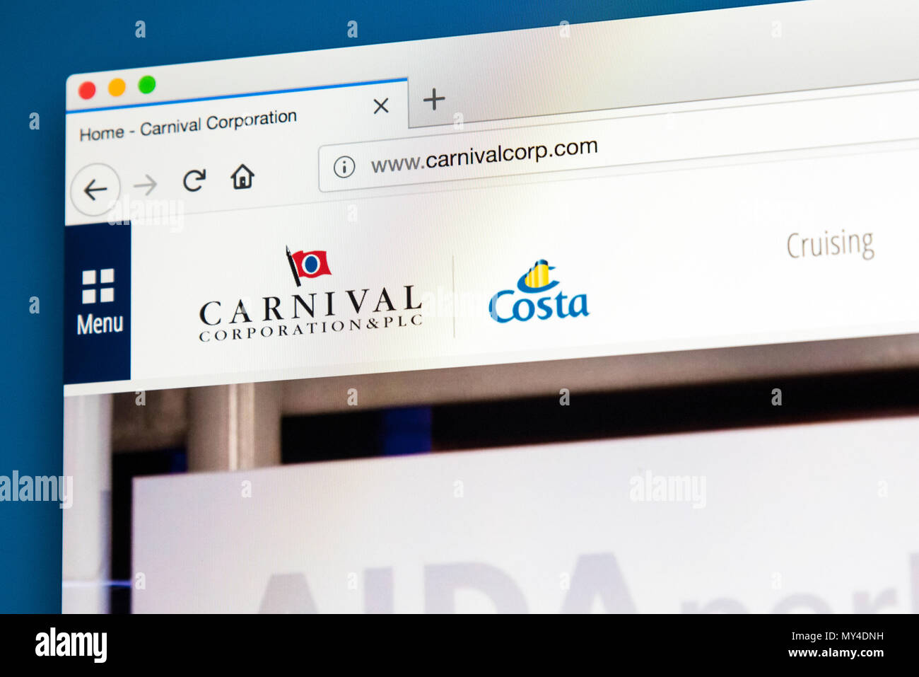 LONDON, Regno Unito - 29 Maggio 2018: la homepage del sito ufficiale di Carnival Corporation & plc - Stati Uniti-basato compagnia di crociera e i mondi più grande t Foto Stock