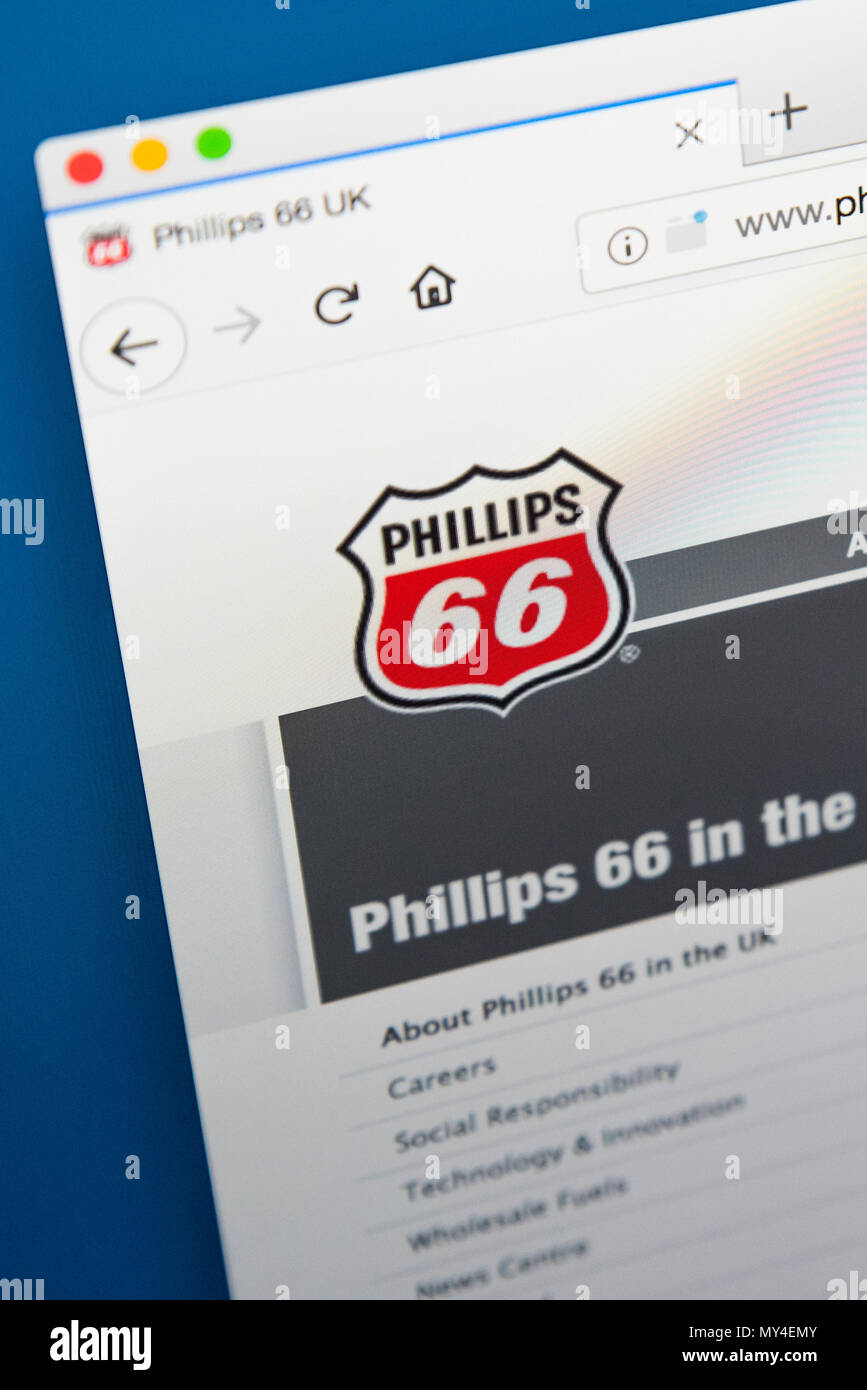 LONDON, Regno Unito - 29 Maggio 2018: la homepage del sito della Phillips 66 - Azienda multinazionale americana energy company, il 29 maggio 2018. Foto Stock
