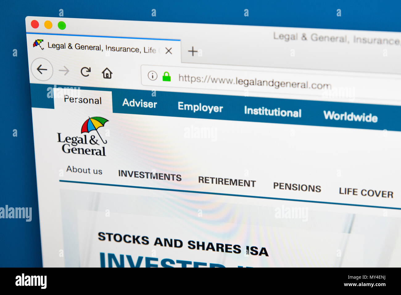 LONDON, Regno Unito - 29 Maggio 2018: la homepage del sito ufficiale per il Legal & General Group plc - la multinazionale britannica financial services comp Foto Stock