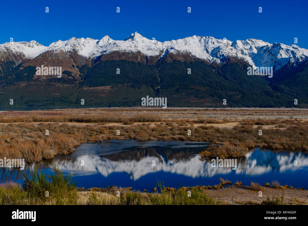 La riflessione di neve montagne sul lago Wakatipu, Glenorchy Foto Stock