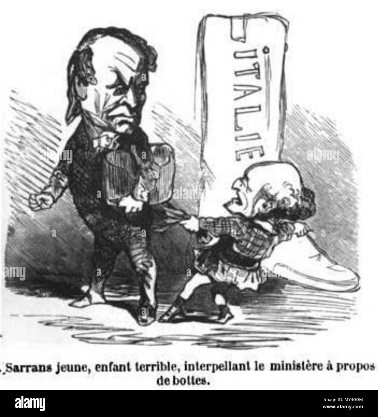 . 'Sarrans, jeune enfant terrible, interpellant le ministère à propos de bottes." . 1849. Cham (Amédée de Noé). 475 di Sarrans, jeune enfant terrible Foto Stock