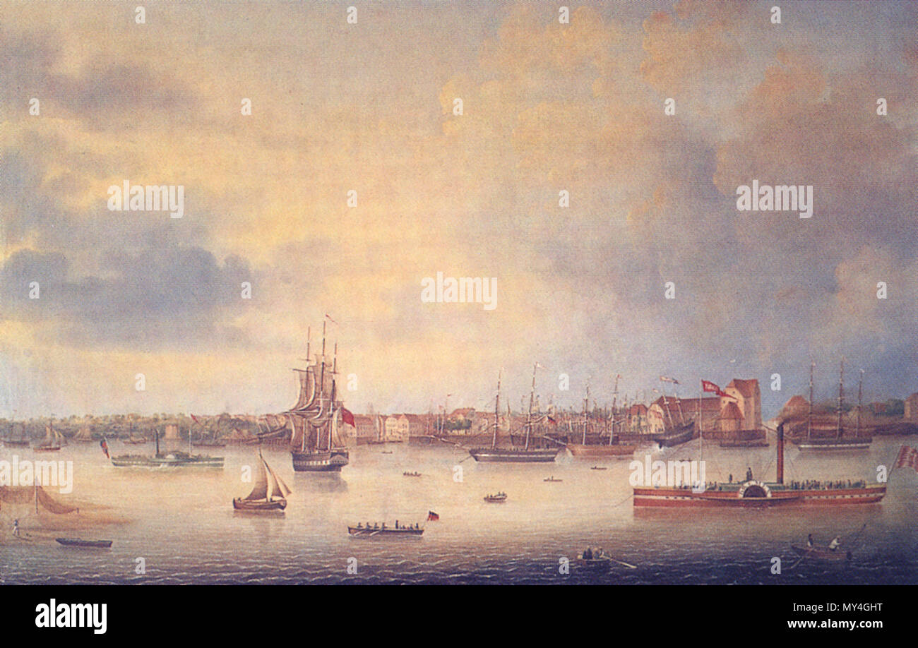 . Inglese: Vista di Vegesack (Brema), Repubblica federale di Germania presso il fiume Weser nell'anno 1847. Pittura di olio da Carl Justus Harmen Fedeler (1799-1858). Deutsch: Ansicht von Vegesack (Brema) an der Weser im Jahr 1847. Ölgemälde von Carl Justus Harmen Fedeler (1799-1858). . Carl Justus Harmen Fedeler 547 Vegesack - Carl Justus Harmen Fedeler - 1847 Foto Stock