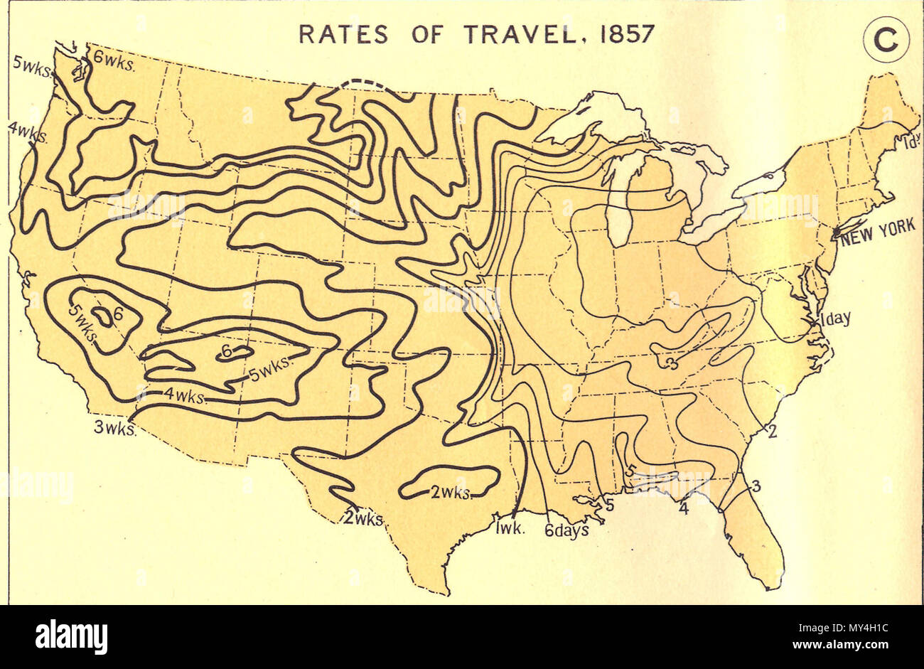 . Inglese: una mappa che mostra quanto tempo ha preso a viaggiare in varie parti degli Stati Uniti nel 1857, partendo da New York City . Il 20 novembre 2009, 08:35:40. Charles O. Paulin 447 Velocità di corsa, 1857 Foto Stock
