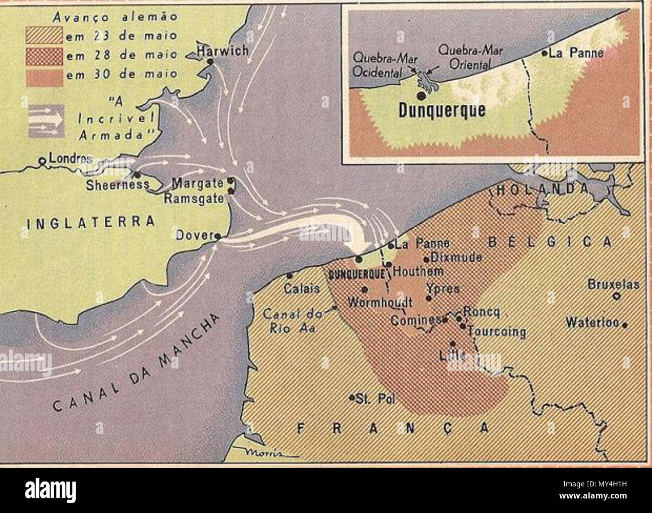 . Português: Reader's Digest , A História secreta da Última Guerra - Sem dadi de Bibliografia - Mapa da Retirada de Dunquerque . desconhecida. Reader's Digest , A História secreta da Última Guerra - Sem dadi de Bibliografia 149 DunkerqueRetirada2guerra Foto Stock