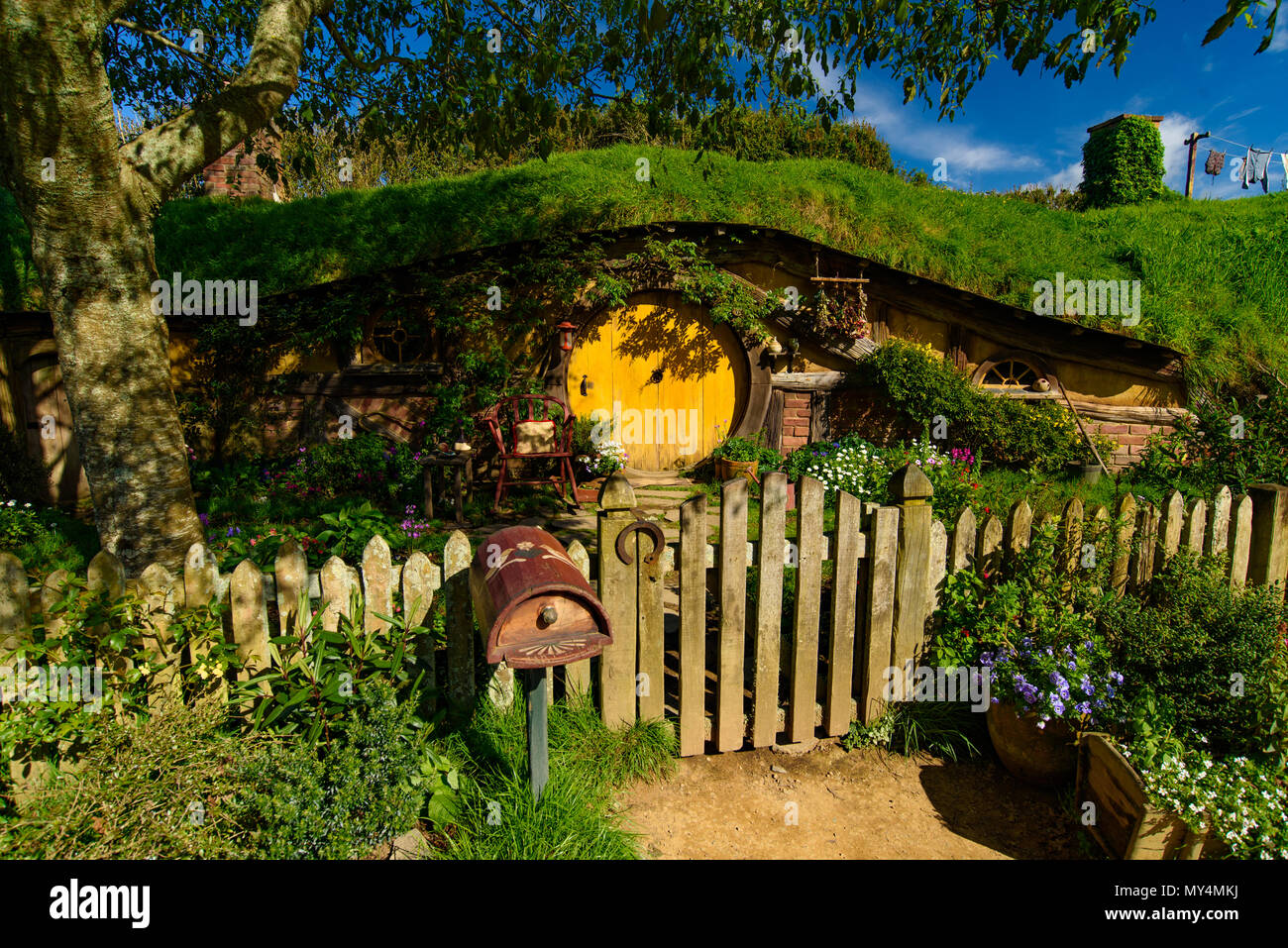 Hobbiton Movie set di Shire nel Signore degli Anelli e Lo Hobbit trilogie, Matamata Foto Stock