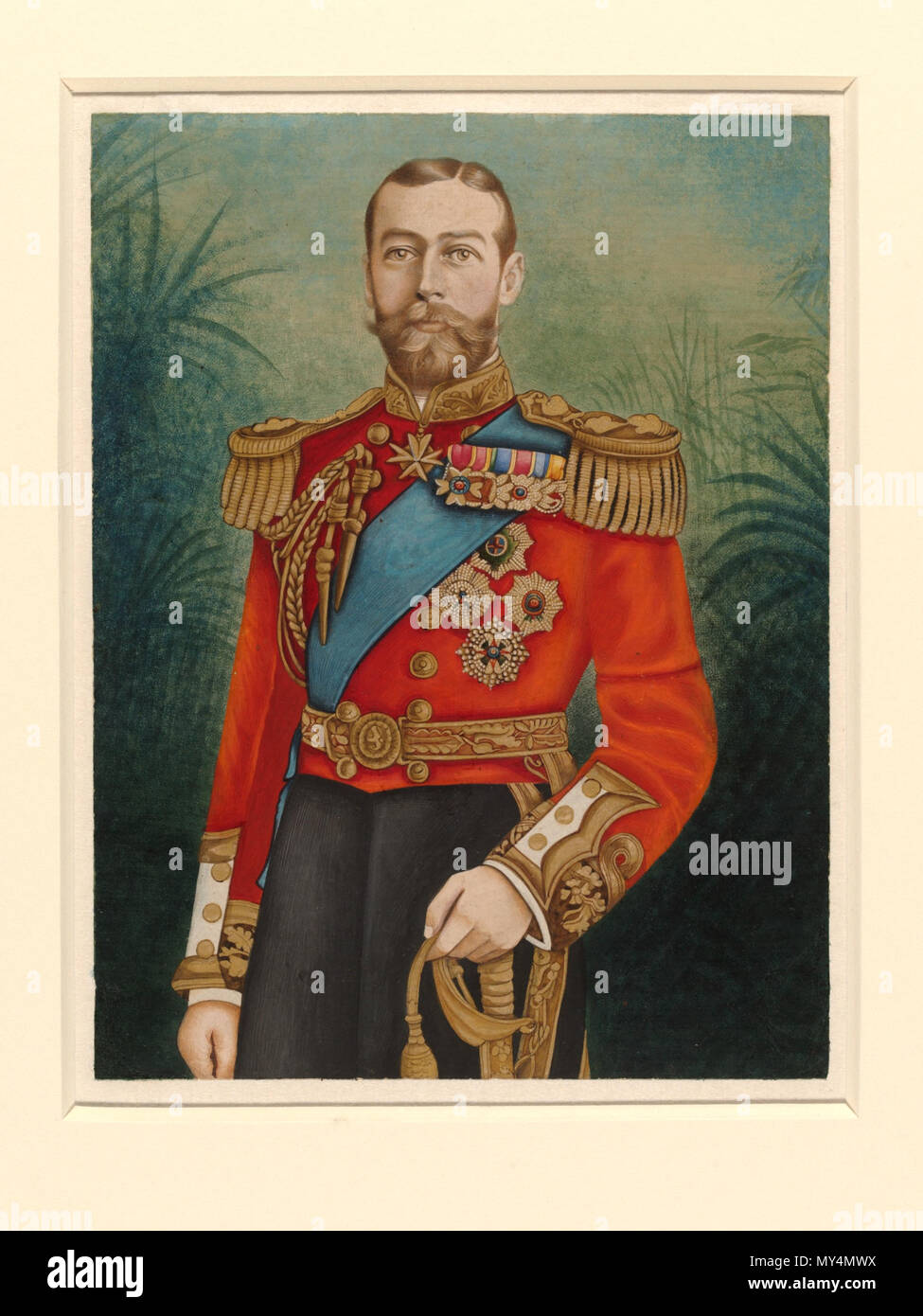 . Inglese: Questa azienda la pittura è un ritratto di Re Giorgio V, che è succeduto a suo padre Edward VII, nel 1910. Il dipinto è probabilmente sulla base di un'illustrazione di una rivista, forse uno emesso per commemorare la sua incoronazione il 22 giugno 1911, o più probabilmente il durbar di Delhi, che ha avuto luogo nel dicembre successivo ed era frequentato da Re Giorgio e la regina Maria come parte della loro visita di Stato in India, la prima da un regnante monarca britannico. Fu in questa occasione che la coppia è stata solennemente proclamato imperatore e l'Imperatrice di India e la decisione è stata annunciata per spostare la capitale da Ca Foto Stock
