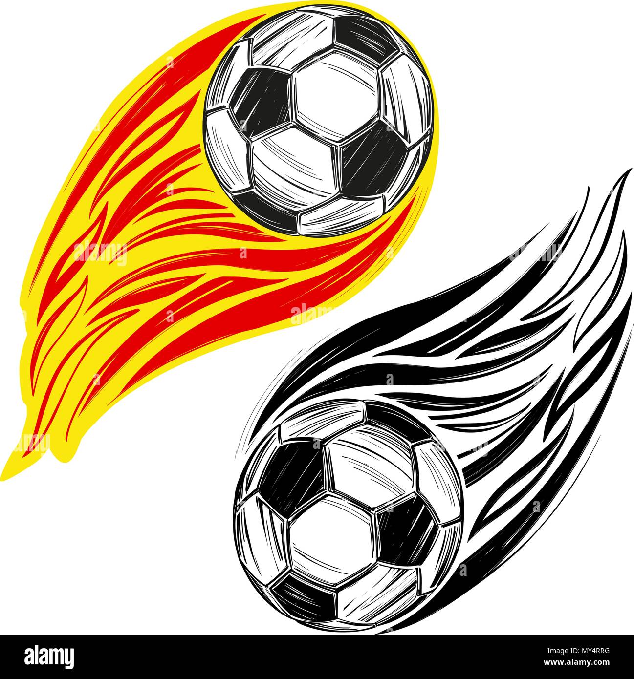 Calcio, pallone da calcio fiamma, gioco di sport, emblema di segno disegnato a mano illustrazione vettoriale schizzo Illustrazione Vettoriale