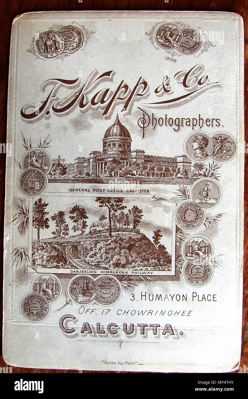 Parte posteriore della fotografia di fotografi Vittoriano Fritz Kapp & Company di Calcutta (Kolkata) , India Foto Stock