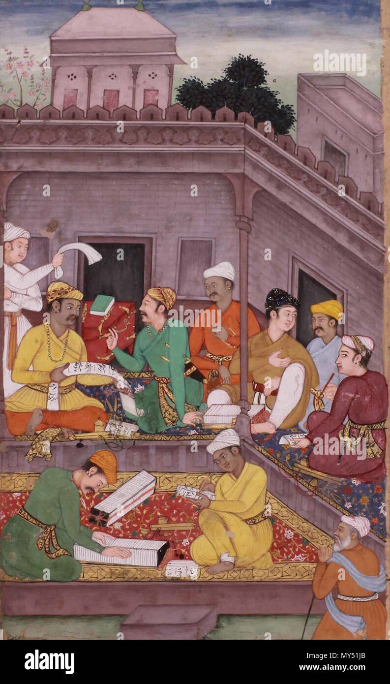 . Inglese: Bhisma e Yudhisthira discutere la questione di fiducia: una illustrazione dal Razm-nama di Mughal, ca. 1598-1600 acquerello opaco accresciuta con oro su carta pittura: 5 Â½ x 3 pollici Â¼ (12,7 x 8,2 cm): Folio Â½ 9 x 7 pollici Â½ (24,1 x 19,1 cm) . tra il 1598 e il 1600. 73 Mughal Bhisma e Yudhisthira discutere la questione di fiducia Foto Stock